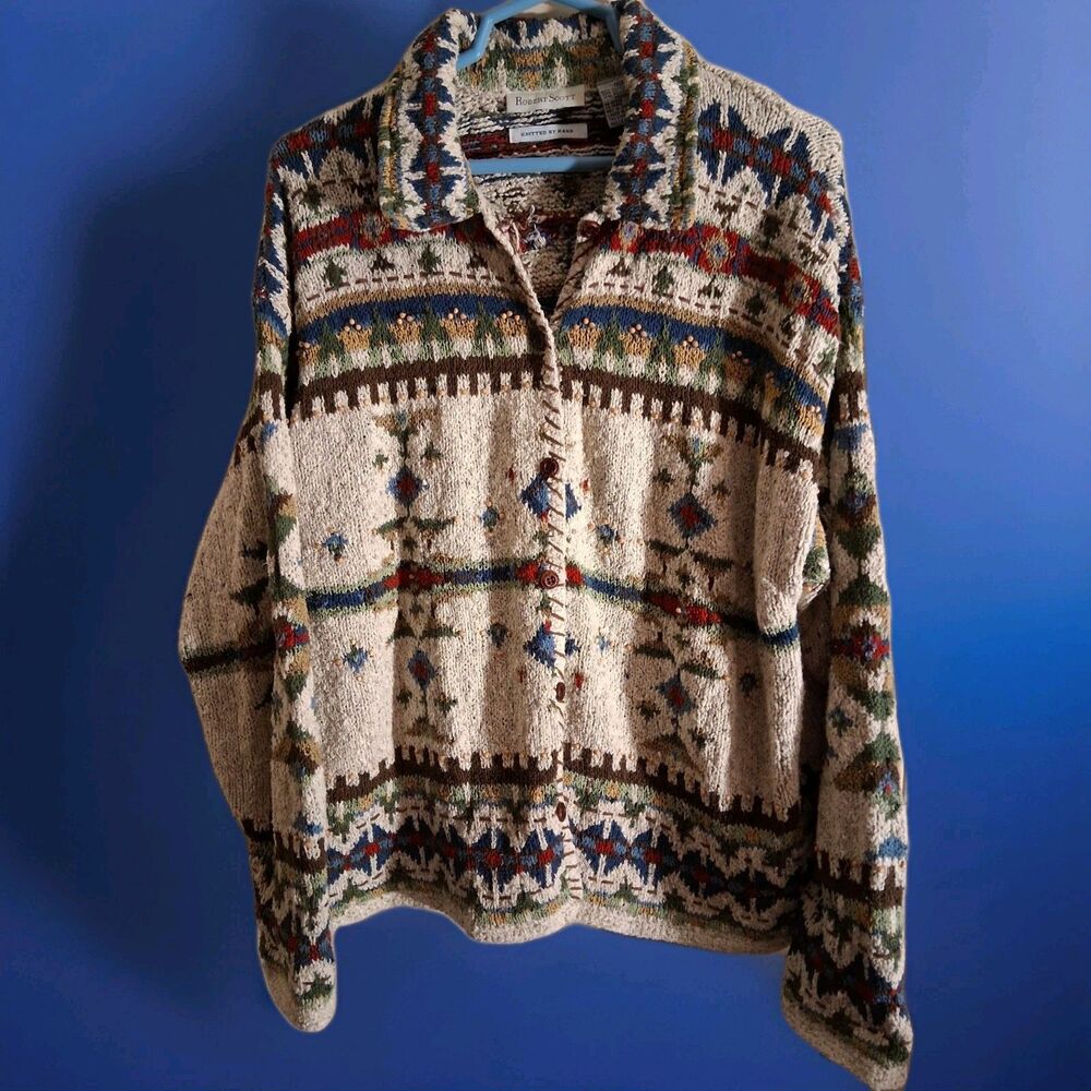 Robert Scott Vintage 90s Hand Knit Sweater Silk Cotton Blend Size XL Cardigan